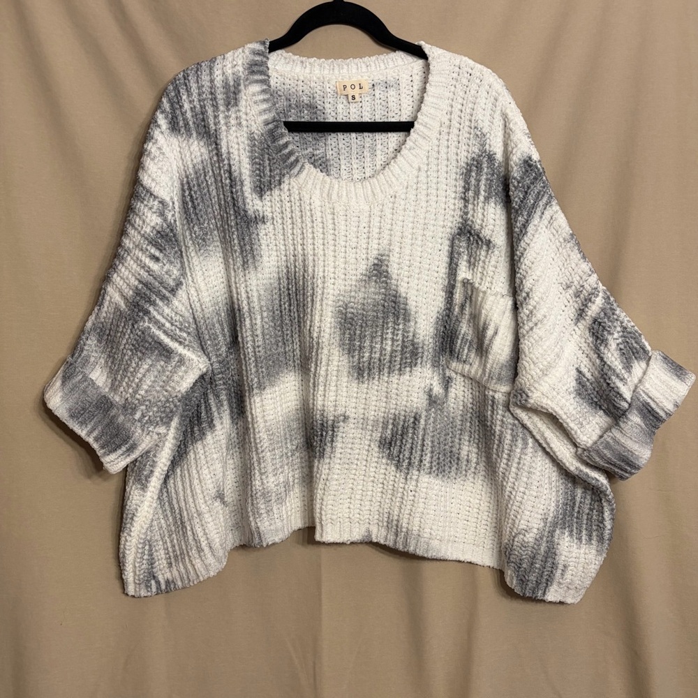 POL Small Tie-Dye Sweater Gray and White Waffle Knit Oversized Cropped
